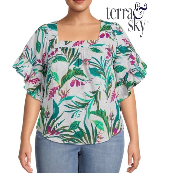 Terra & Sky Women's Plus Size Tropical Square Neck Peasant Top Size 4X - Picture 1 of 10